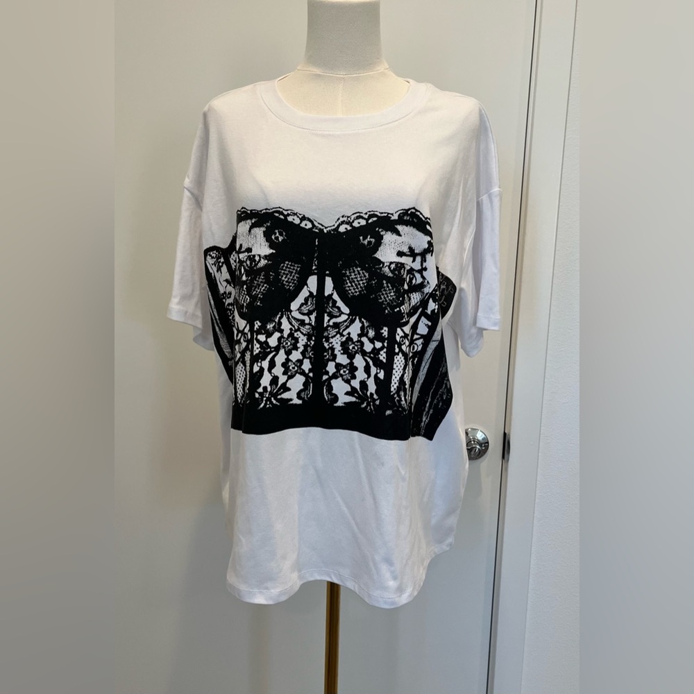 Bar III Size:XL Women Short Sleeve Shirt Graphic Corset White 95% Cotton